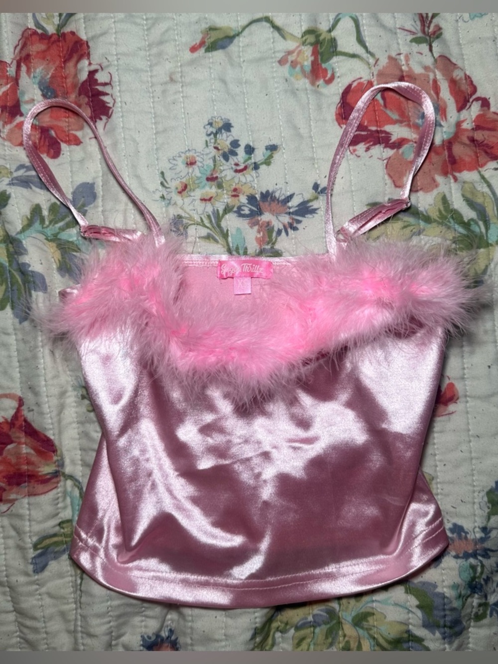 Pink Satin Feather Trim Cami Top